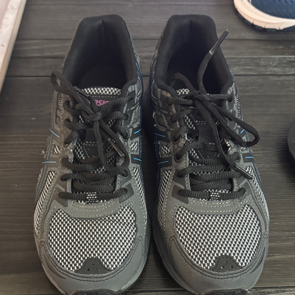 Asics Gray and Black Running Shoes with Blue and Pink Accents - Picture 2 of 3